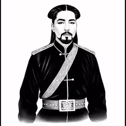 a black and white photo with a man in a uniform