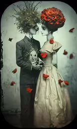 an old fashioned photo has flowers floating all over the entire frame