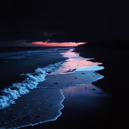 a black and red sky with clouds is reflected on the water