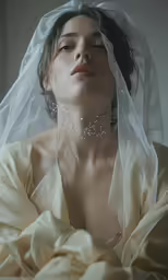 woman in white dress wearing veil with jewels around neck