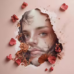 a girl looks out from a torn up hole in the paper