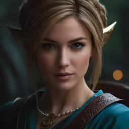 beautiful woman with horns and a blue dress posing