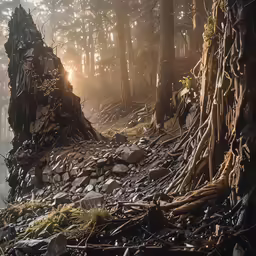 a path in the woods has been blocked off by the roots