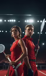 a couple with badminton racquets standing together