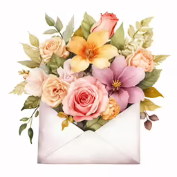 a pink, yellow, and orange flowers and a red flower in an envelope
