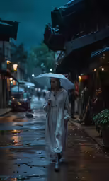 a woman walking down the street with an umbrella