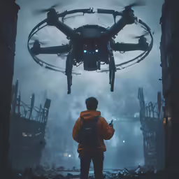 a man stands beneath an aircraft that is flying