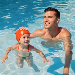 a man and child swimming in the water