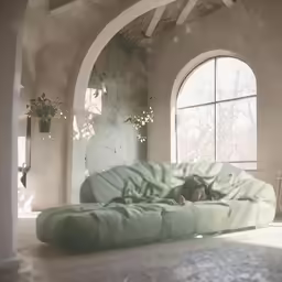 a woman sleeping on a bed with large arched windows