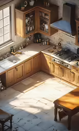 a kitchen with wood cabinets and white tile flooring