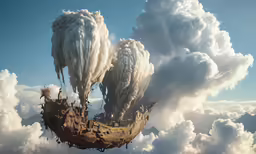 an old ship floating in the middle of some clouds