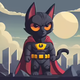 cartoon character cat with cape on standing in front of the skyline