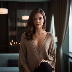 a women that is sitting down wearing some pants