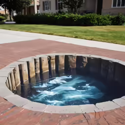 a large hot tub with blue water running down it