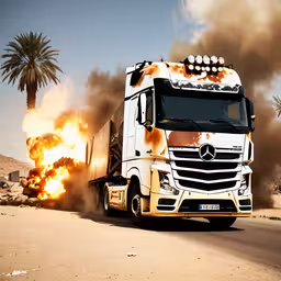 a large semi truck with flames coming out of it,the smoke comes from a big truck coming down the street