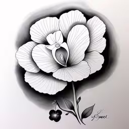 an illustration of a flower in black and white,black and white drawing of a single flower with an oval