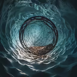 a view from inside of a water cave looking up into the blue and grey water
