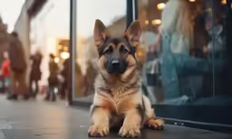 a dog is laying down on a sidewalk