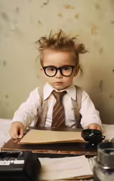 a young boy wearing glasses, tie and suspenders