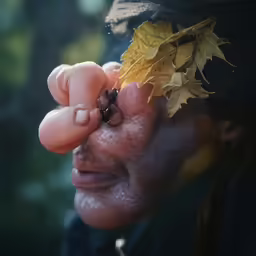 a woman holding out her tiny nose to see something