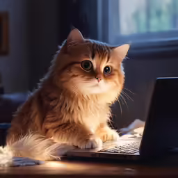 a fluffy cat sits by a laptop computer
