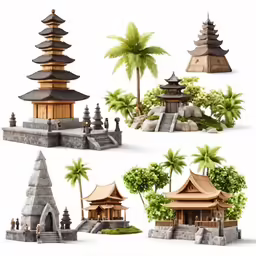 various small stone buildings surrounded by trees
