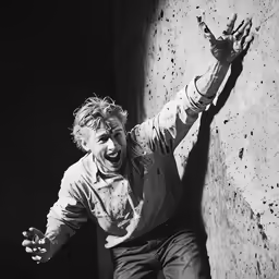 a man holding onto a wall with a hammer