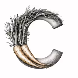 a silver letter c with four vegetables on it