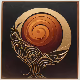 a brown abstract piece with curves around it