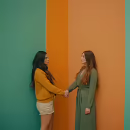 two beautiful young women standing next to each other shaking hands