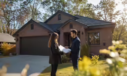 a woman and a man in front of a house