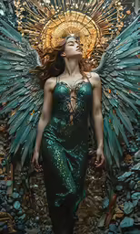 woman in green dress with angel wings standing in water