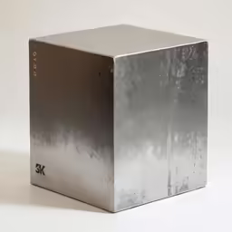a metallic cube is shown against a white background