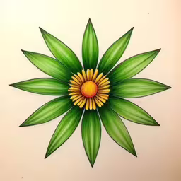 a drawing of an illustrated yellow flower with green leaves,a painting of green and yellow flower on a white surface