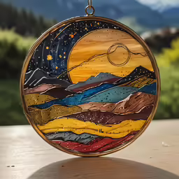 an ornament with mountains and sunset in the distance