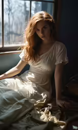 the woman sits on her bed by a window
