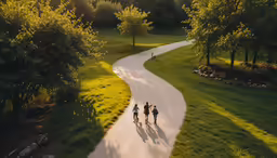 four people riding on skateboards down a path through a field