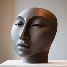 an art sculpture with a light colored grey body and black, brown and white eyes
