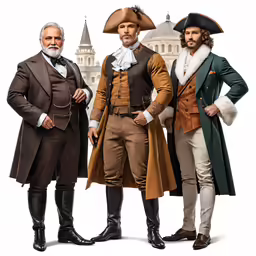 a trio of three gentlemen stand beside each other wearing colonial dress