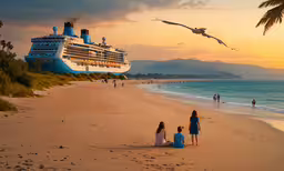 the family is sitting in front of the cruise ship on the beach,three people on the beach looking at a large cruise ship