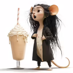 a girl dressed like she has a giant icecream and a mouse shaped drink in front of her