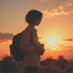 a person holding a cup while standing at sunset