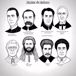 an illustration of some faces of presidents,an image of the different kinds of presidents,a group of men in historical clothes,the face of many different people in formal garb,six gentlemen in their different ages in the past