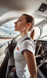 a woman is sitting in the cockpit looking out the window