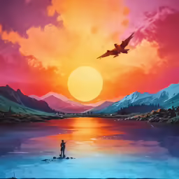 the sunset has bright pink, orange and yellow colors