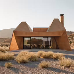 large desert building with two windows facing a large landscape