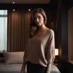 a beautiful woman standing next to a bed in a room