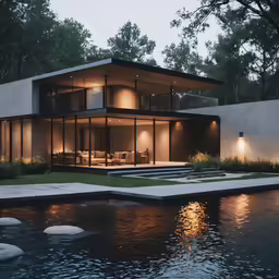 a house lit up at night sitting next to a body of water