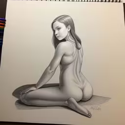 the picture is not a painting, it is of a beautiful nude woman with long hair and wearing a necklace,a woman drawing on top of a white sheet