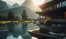 a hotel overlooking a mountain lake on a sunny day